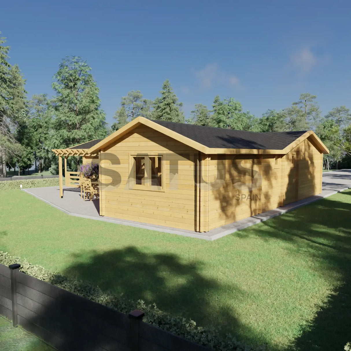 Imagen de una acogedora casa de madera situada en un entorno verde y bien cuidado. La casa cuenta con un techo a dos aguas y un porche exterior con una pérgola, ideal para disfrutar del aire libre. Al lado del porche hay una mesa de madera con sillas, perfecta para comidas o reuniones al aire libre. El diseño de la casa y el entorno arbolado proporcionan un ambiente tranquilo y relajante, ideal para una escapada de fin de semana o un retiro vacacional.